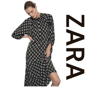 ZARA Geometic Pattern Button Front Midi Shirtdress, Long Sleeve, Size XS.
